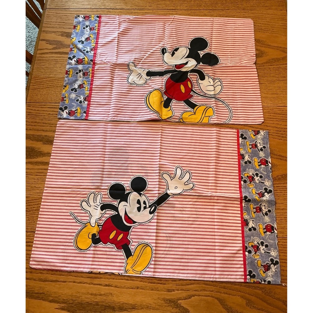 Vintage Disney Mickey Mouse Pillowcase Set 2pc Red White Striped Standard